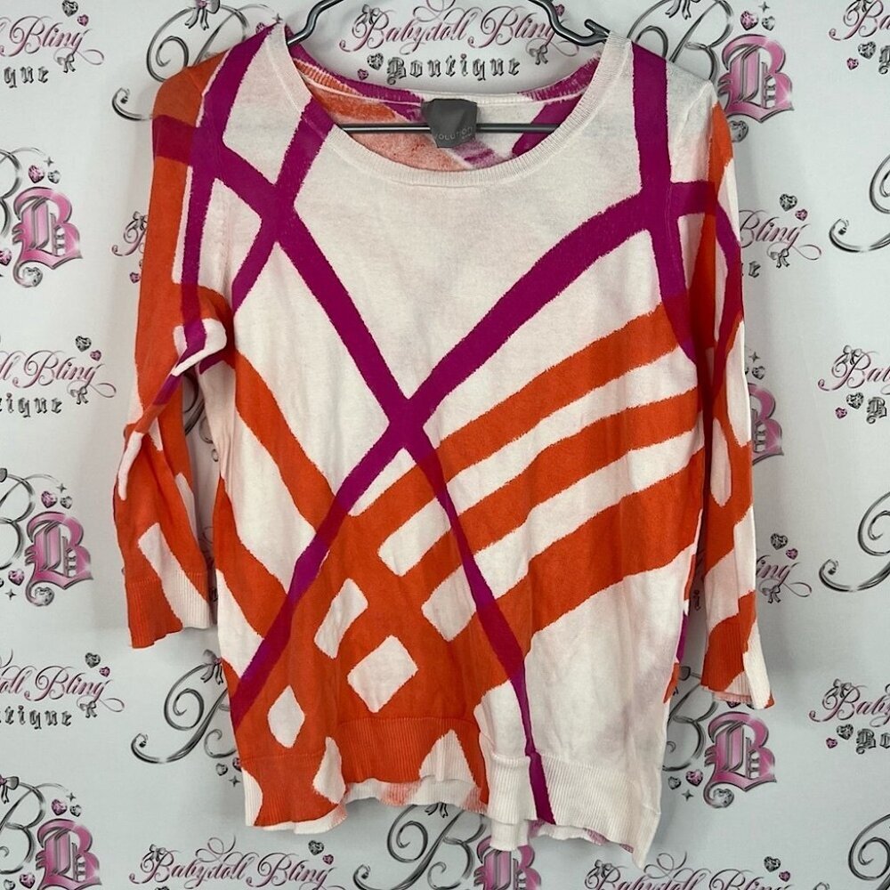Evolution by Cyrus top long sleeve plaid pink orange white Vibrant Geometric Top